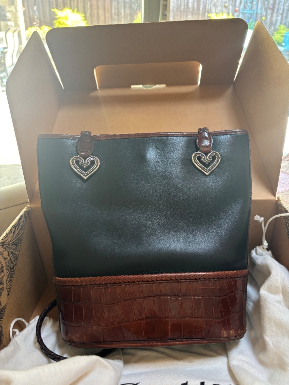 Vintage Brighton Black Brown Leather Crocodile Embossed Braided Handle Tote Bag